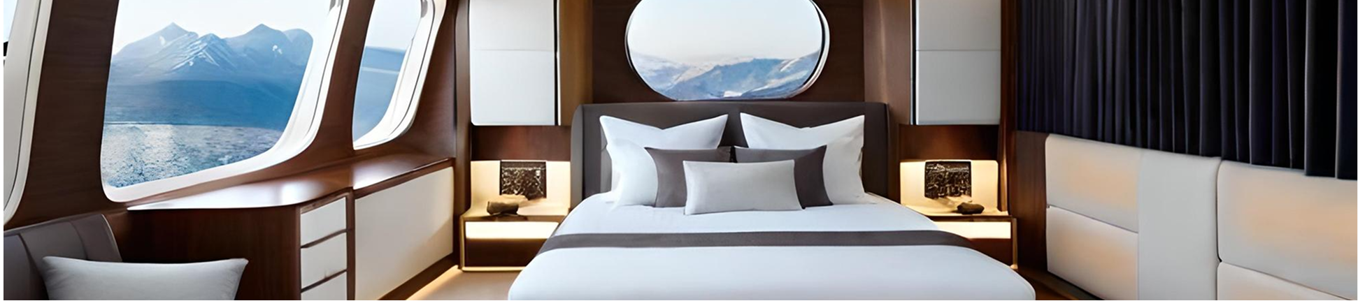Luxury yacht stateroom with skyline view
