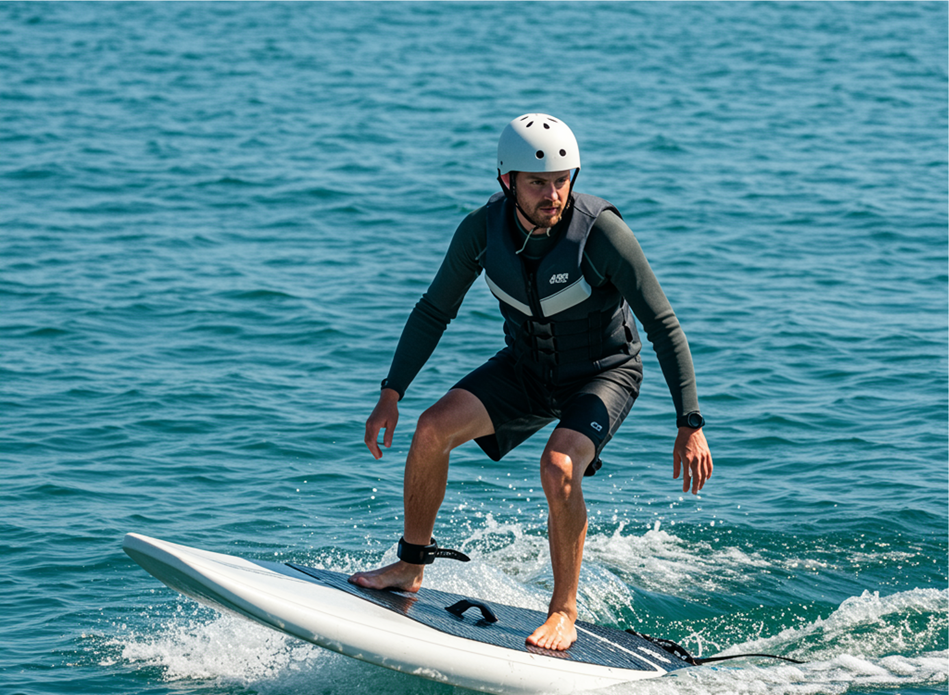 Rider on an electric surfboard cutting through the water