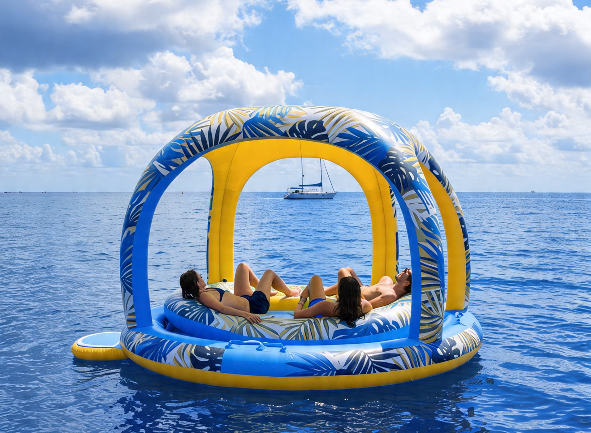 Floating cabana with shade cover on the water
